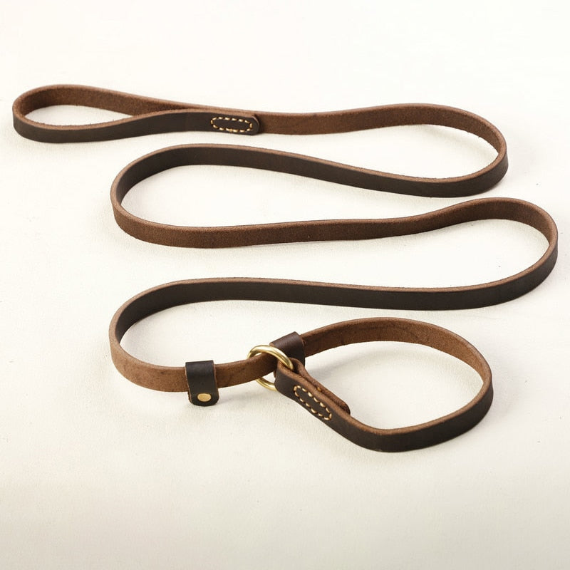 Real Leather P Chain Large Dog Leash Slip Collar pet Walking Lead Genuine Leather Dog Traction Rope For small Medium Big Dogs