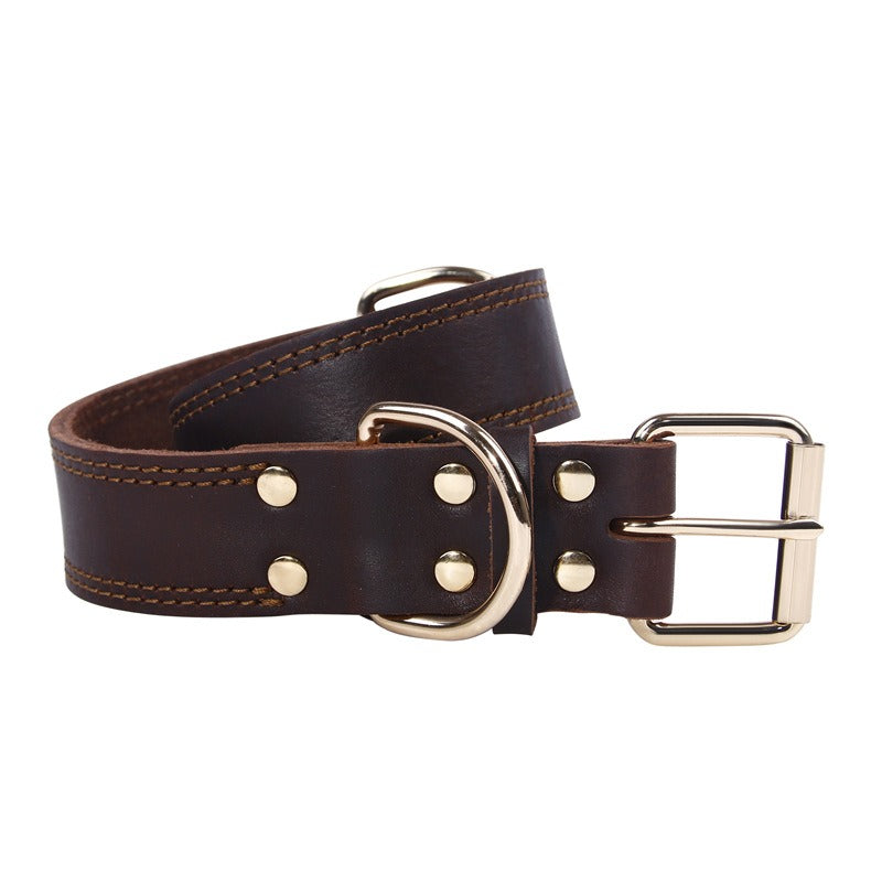 Cowhide Dog Collar Vintage Copper Hook Buckle Head Golden Hair German Shepherd Medium And Large Dogs Special Collar Pet Supplies