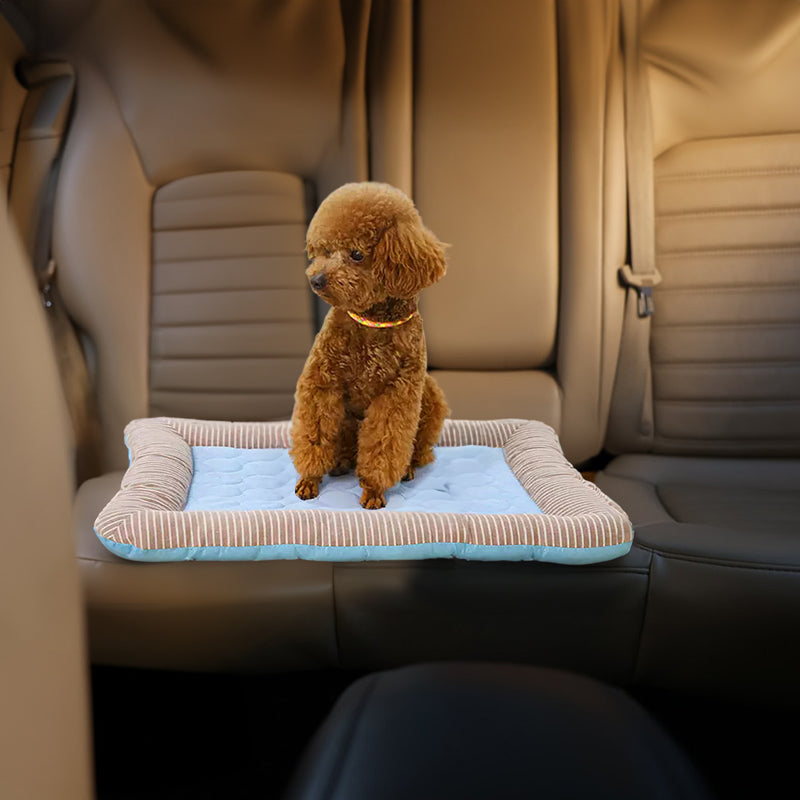 Cooling pet mats for dogs & cats (puppies/kittens): ice silk, breathable, soft summer pads in pink/blue.