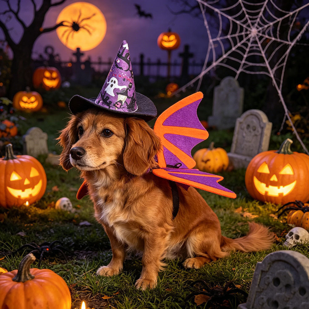 Fashion Halloween Pet Bat Wings Hat Bow Tie Set for Cats and Dogs