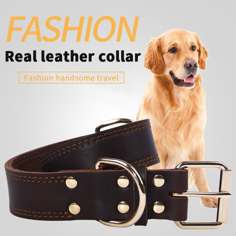 Cowhide Dog Collar Vintage Copper Hook Buckle Head Golden Hair German Shepherd Medium And Large Dogs Special Collar Pet Supplies