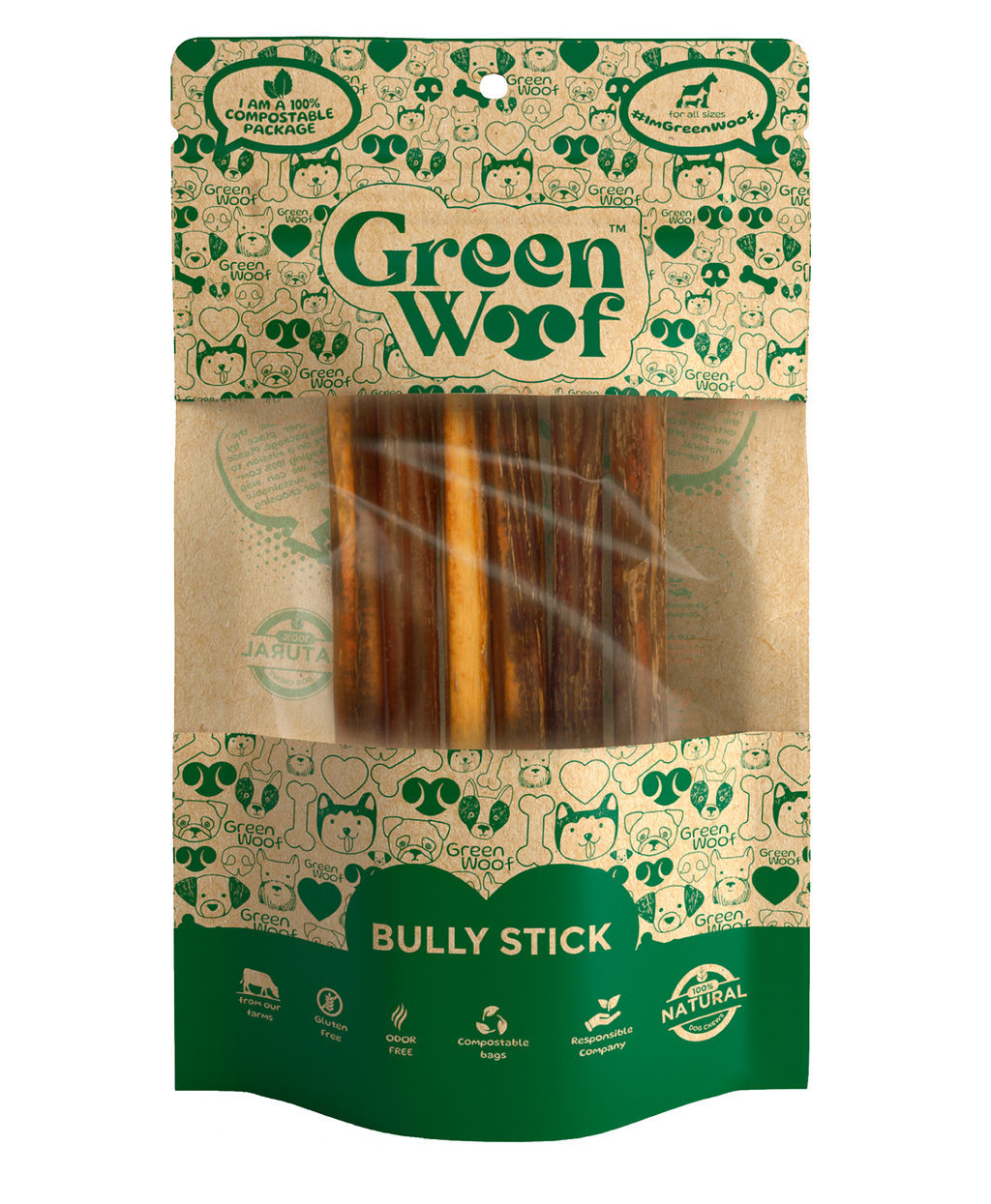 Green Woof Straight Bully Sticks Natural Dog Chews