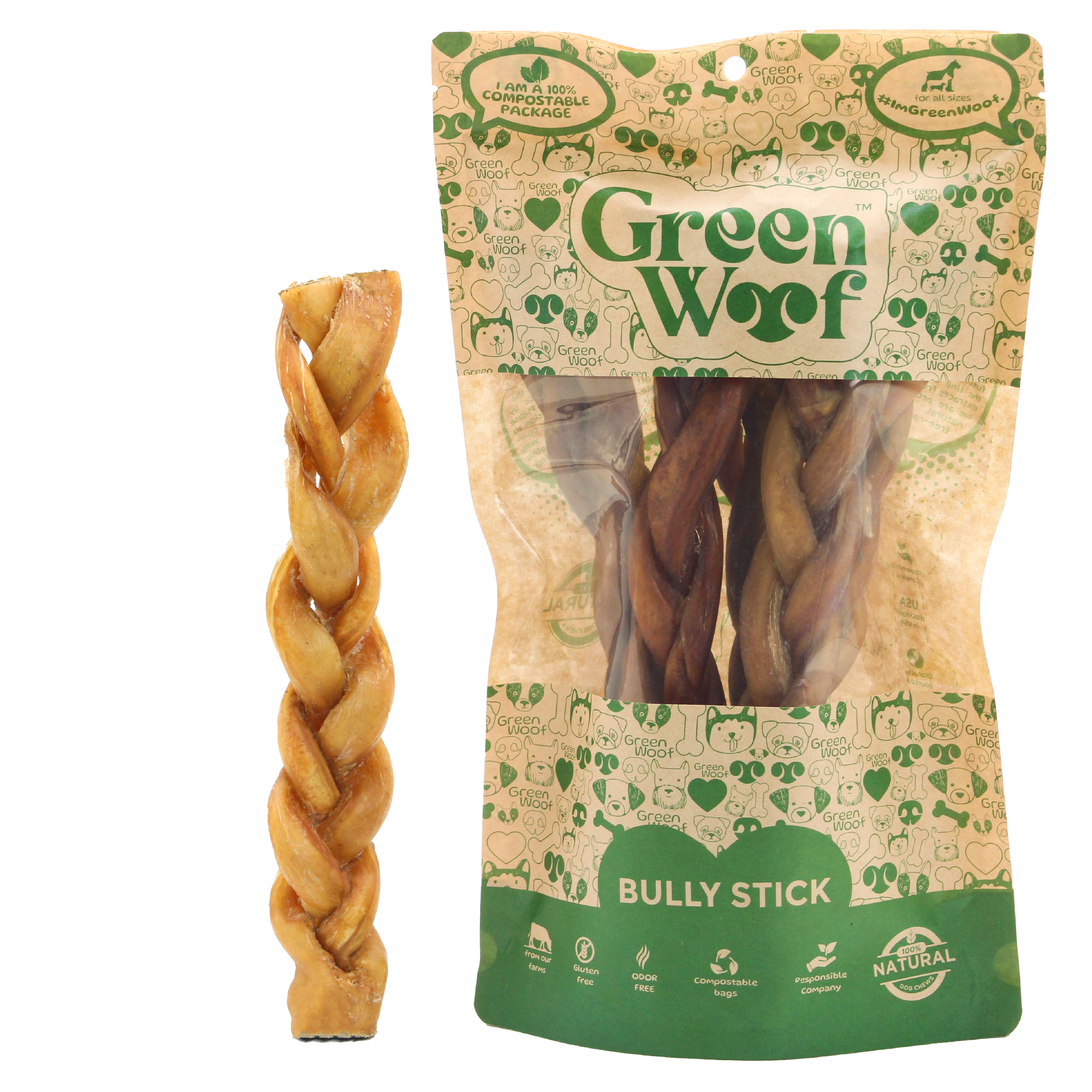 Green Woof Braided Bully Sticks for Dogs – Natural Beef Chew