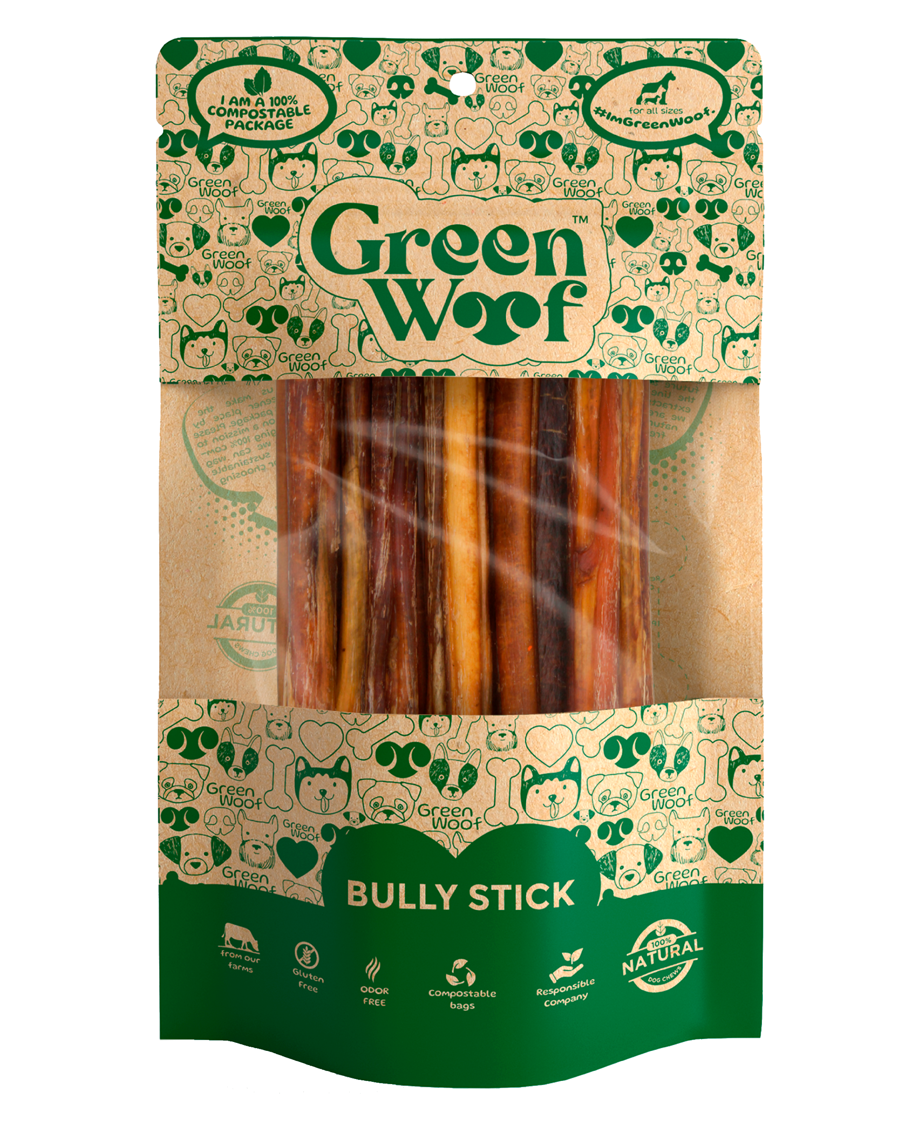 Green Woof Straight Bully Sticks Natural Dog Chews
