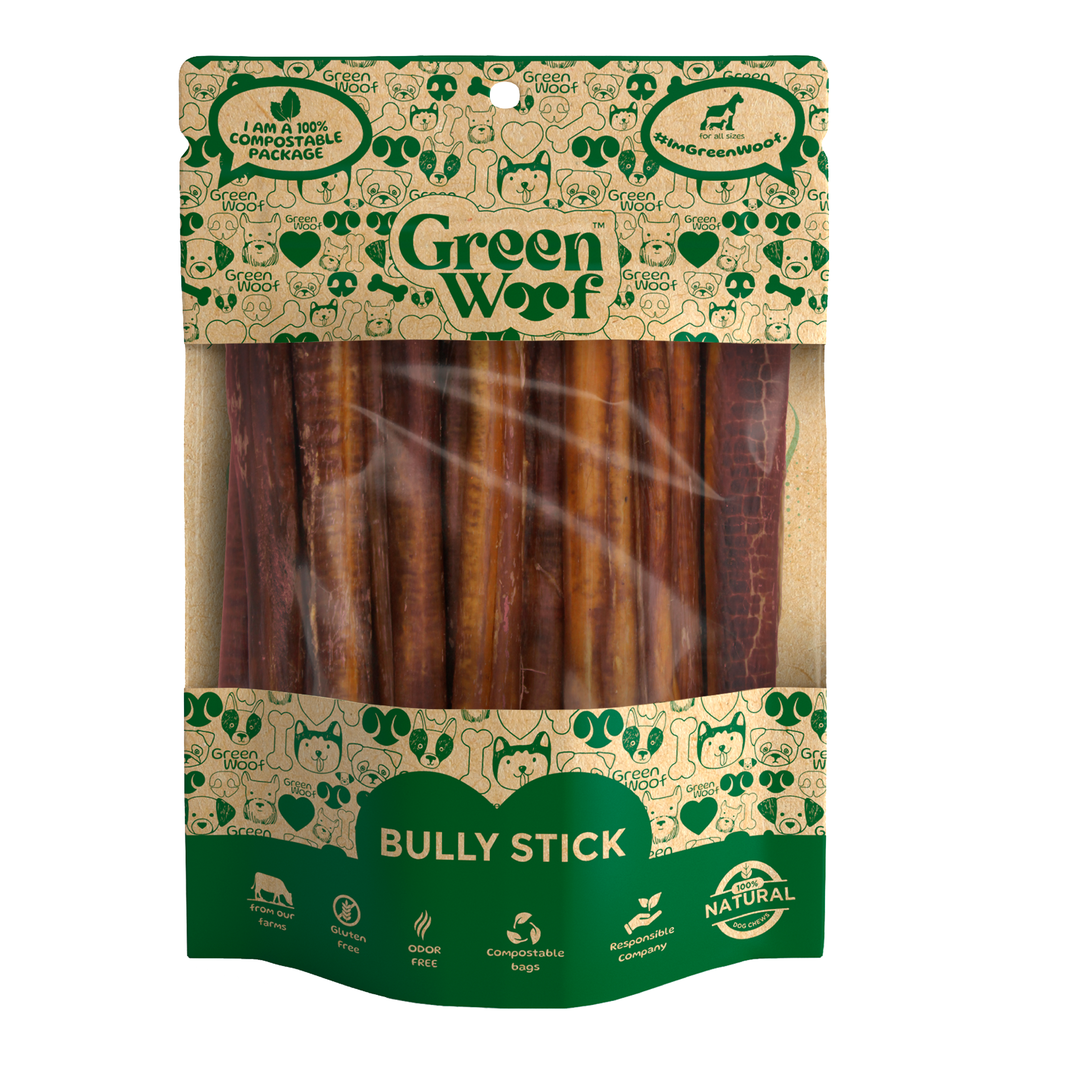 Green Woof Straight Bully Sticks Natural Dog Chews